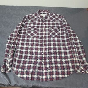 44MM Western Pearl Snap Shirt Mens XL Burgundy Blue Plaid Flannel Long Sleeve